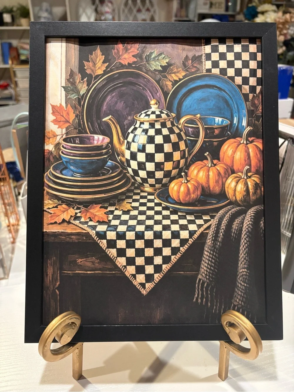 Iconic Checkerboard Teapot Autumn Still Life Framed 8x10 Wall Art